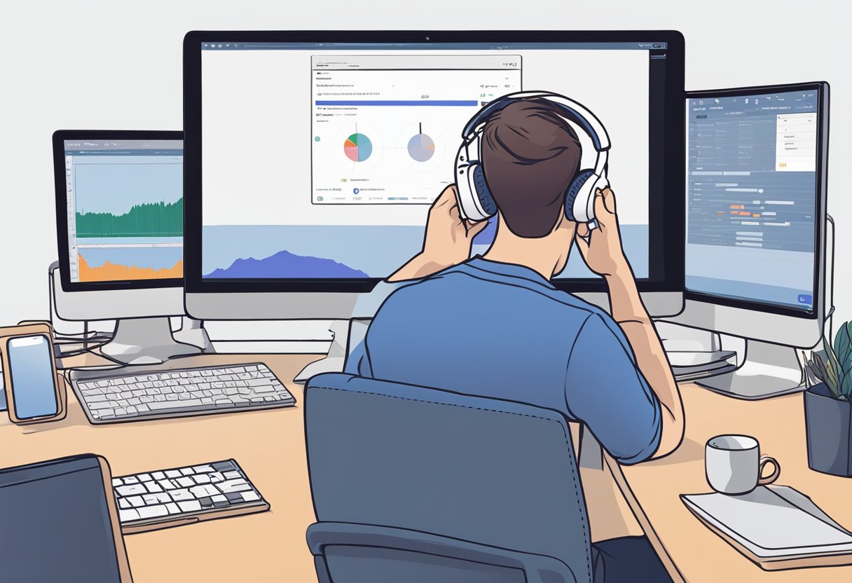 Airpods and computer screen with Audacity error message. Frustrated user looking at the screen