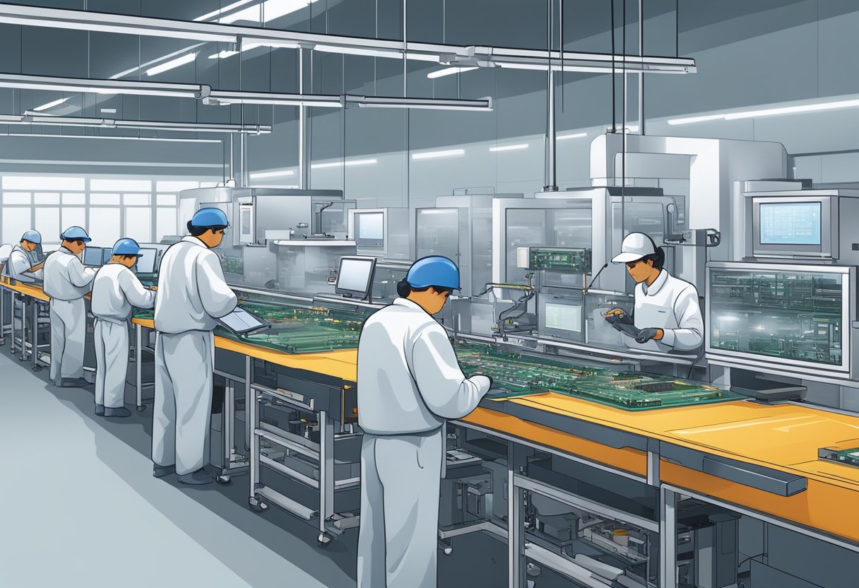 A modern PCB assembly line in Mexico, with advanced machinery and skilled workers, producing electronic components efficiently