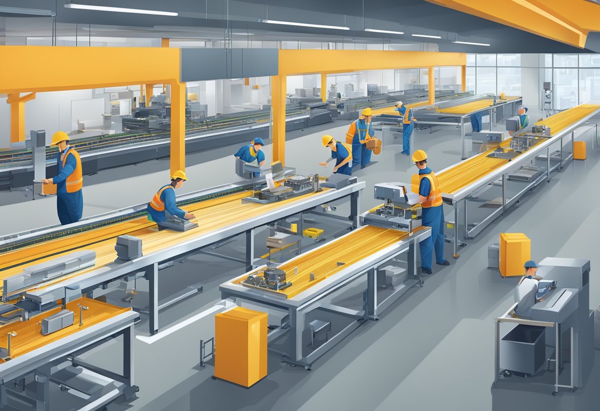 Workers assembling PCBs on conveyor belts in a modern factory setting with advanced machinery and equipment