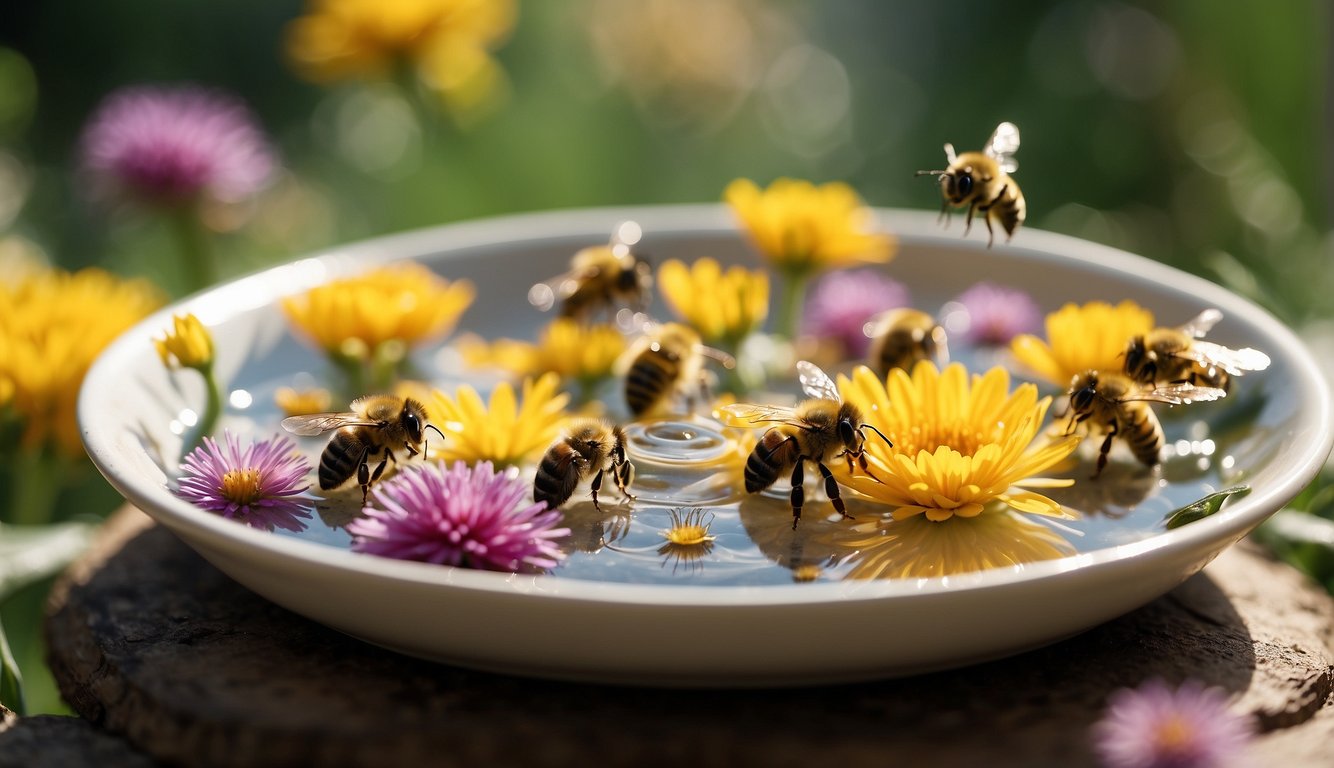 A shallow dish filled with water, surrounded by colorful flowers and buzzing bees