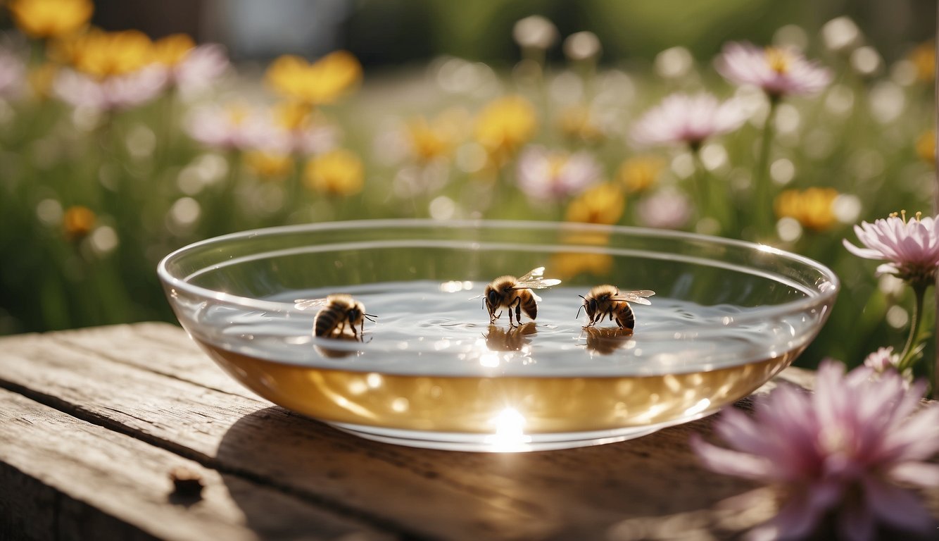 A shallow dish filled with water, surrounded by blooming flowers and buzzing bees