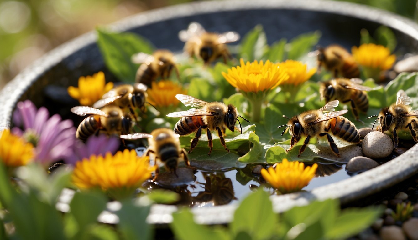 Bees gather around a shallow dish filled with water, surrounded by vibrant flowers and green foliage. The dish is placed on a flat surface, with small pebbles or rocks inside to provide a landing pad for the bees