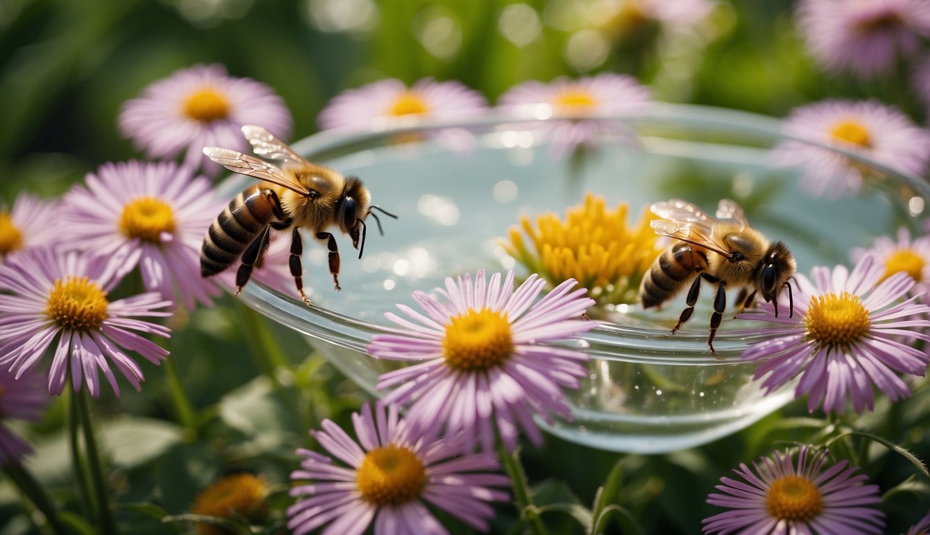 Bees gathering around a shallow dish filled with water, surrounded by colorful flowers and lush greenery