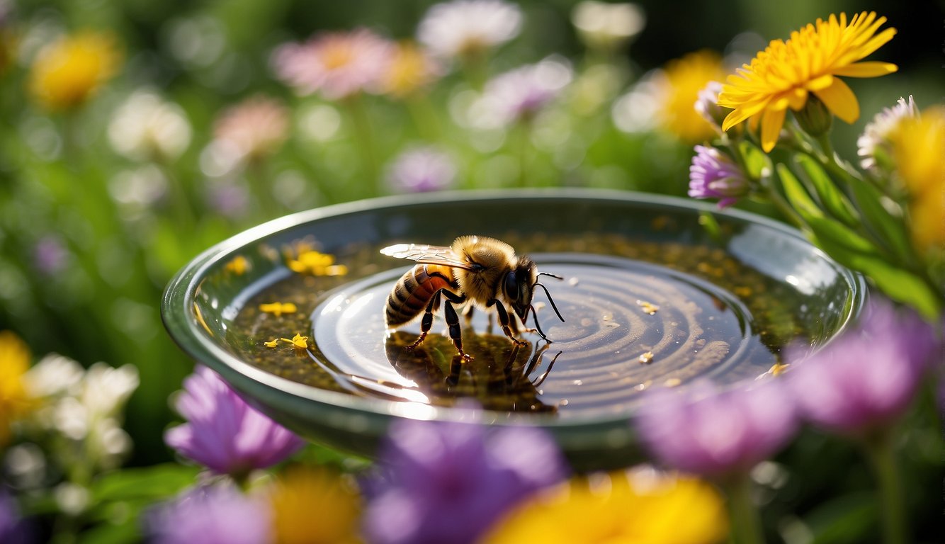 Bees gather around a shallow dish filled with clean water, surrounded by vibrant flowers and green foliage. The dish is labeled "bee water" to protect the bees from harmful substances