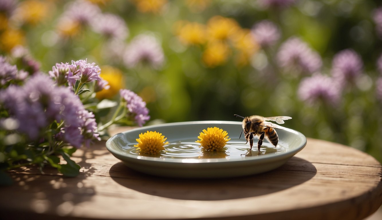 A small bee water dish sits on a garden table, surrounded by blooming flowers and buzzing bees. The dish is filled with fresh water and has small rocks for the bees to land on