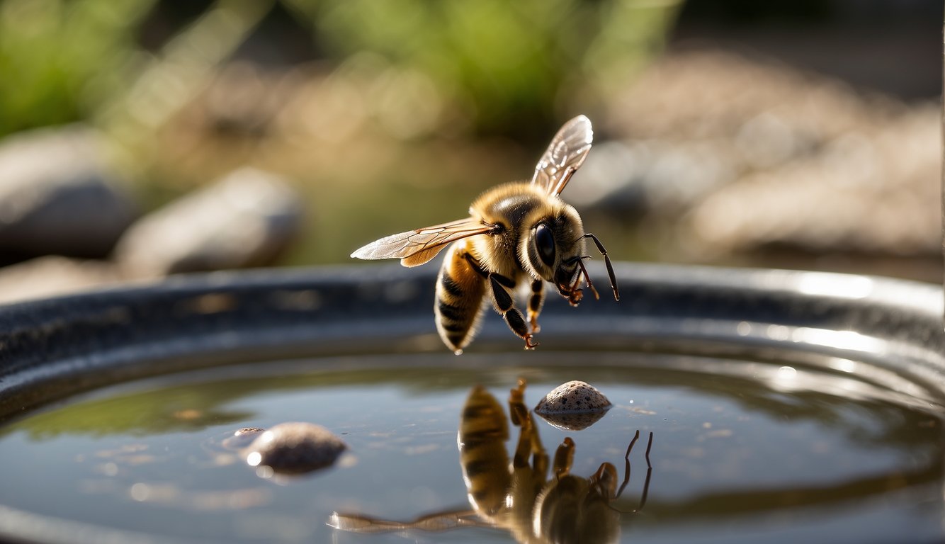 A bee hovers over a shallow water dish labeled "Frequently Asked Questions," with small rocks for landing
