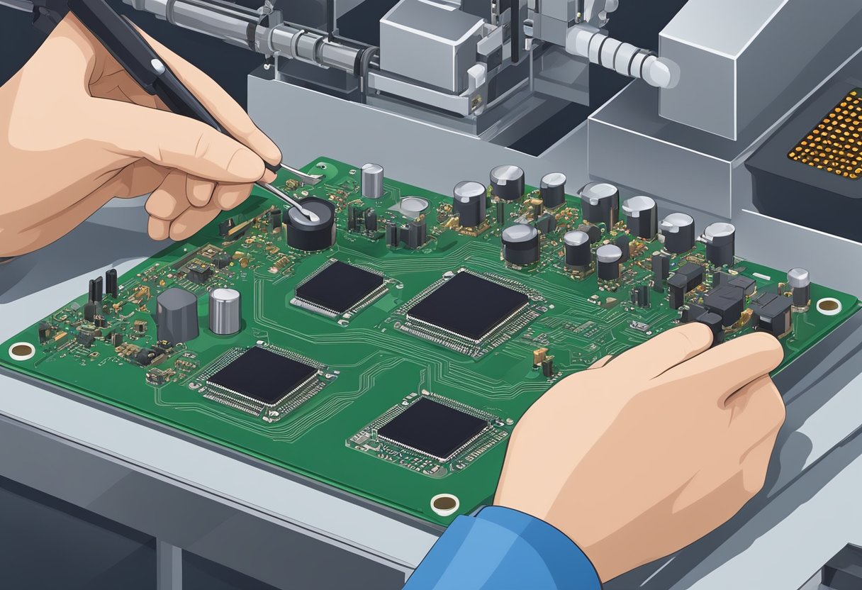 PCB components being carefully placed and soldered onto a circuit board by a technician in a clean and organized assembly area