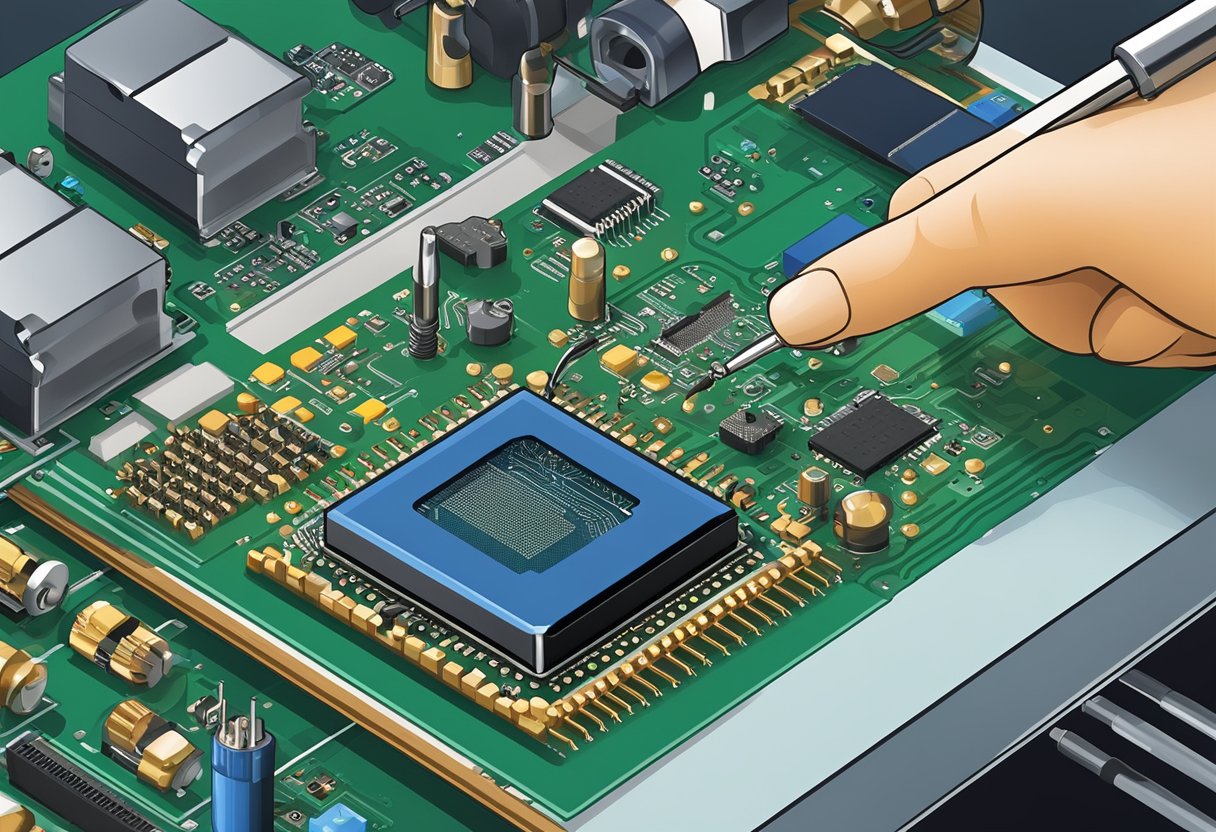 Various electronic components being placed onto a printed circuit board using surface mount technology. Soldering iron and machinery in the background