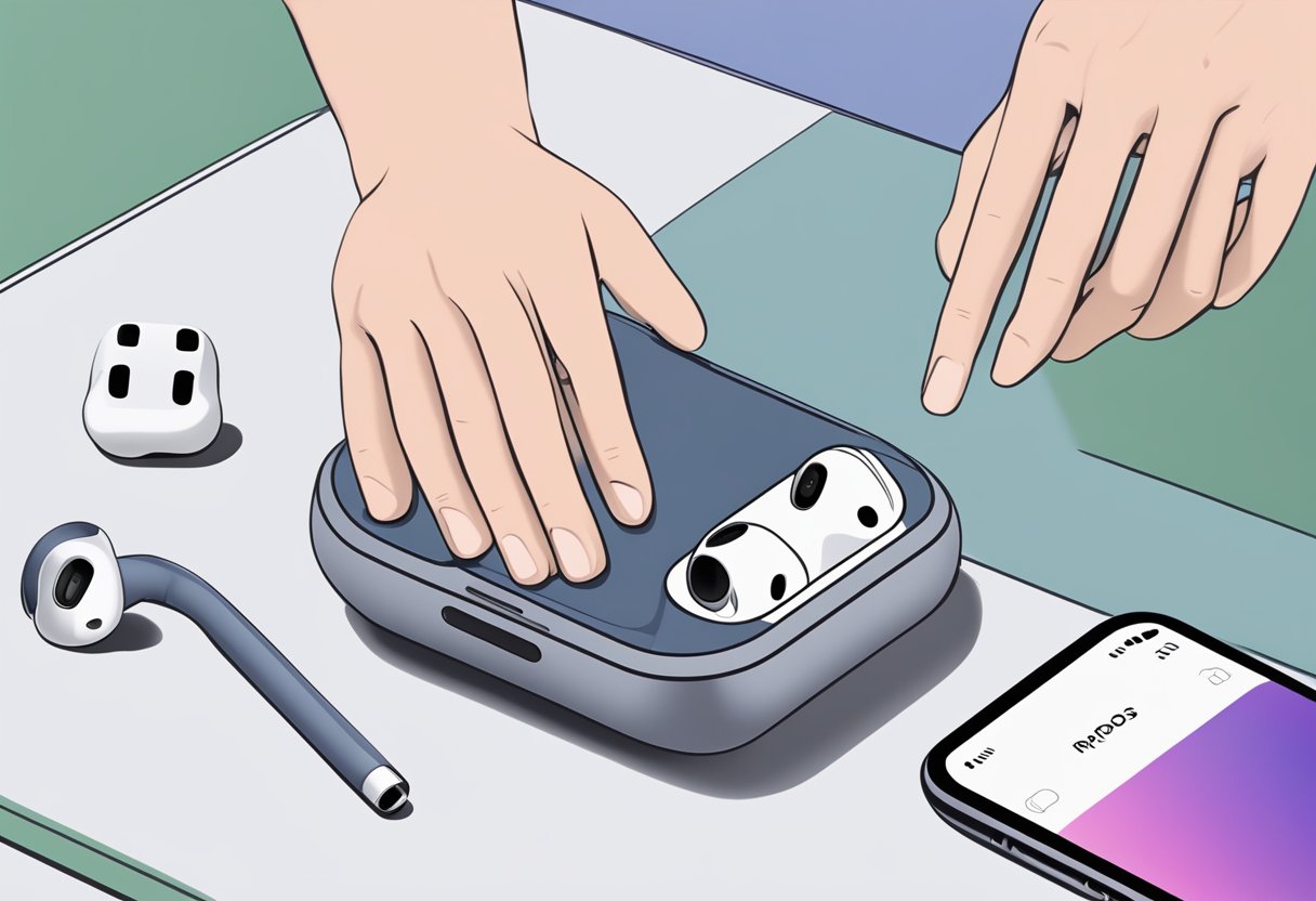 Airpods Pro laying on a flat surface, with a finger attempting to use the touch controls, but no response