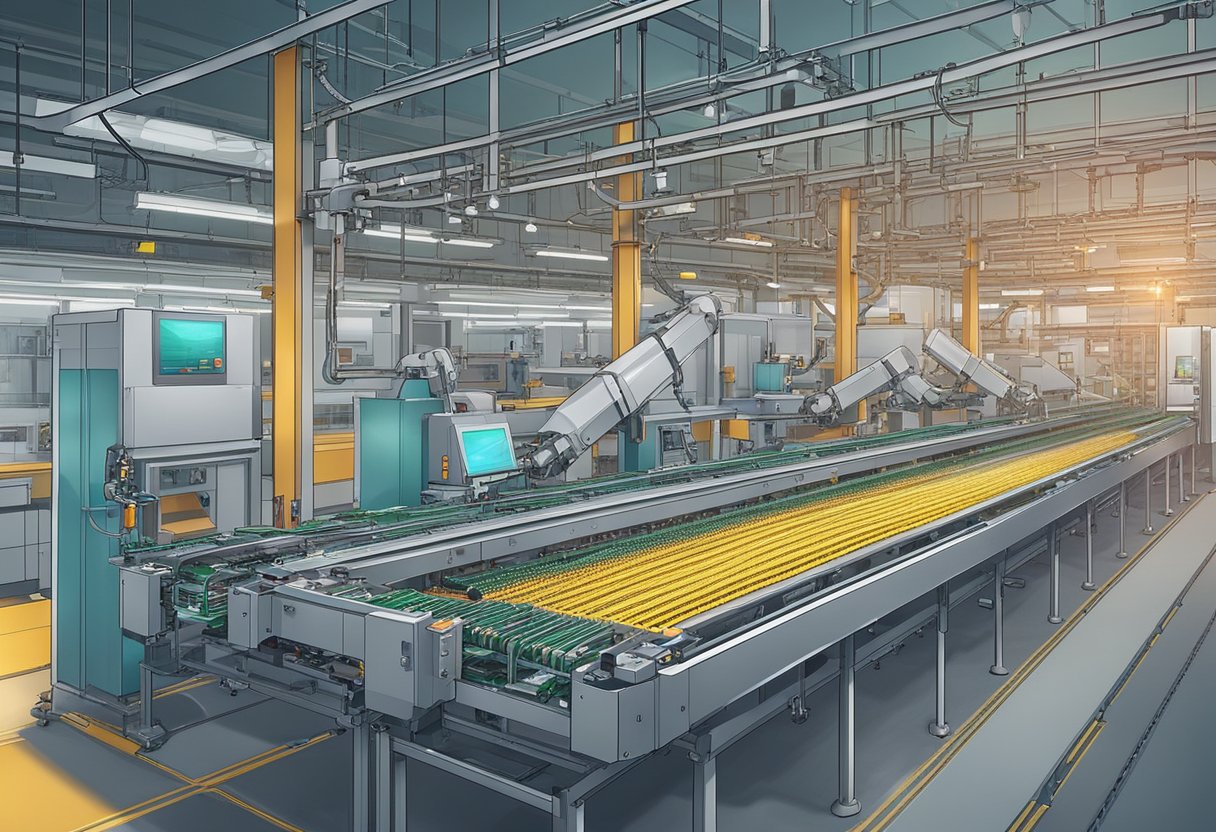 A conveyor belt moves circuit boards through automated assembly machines, with robotic arms soldering components in a clean, well-lit factory