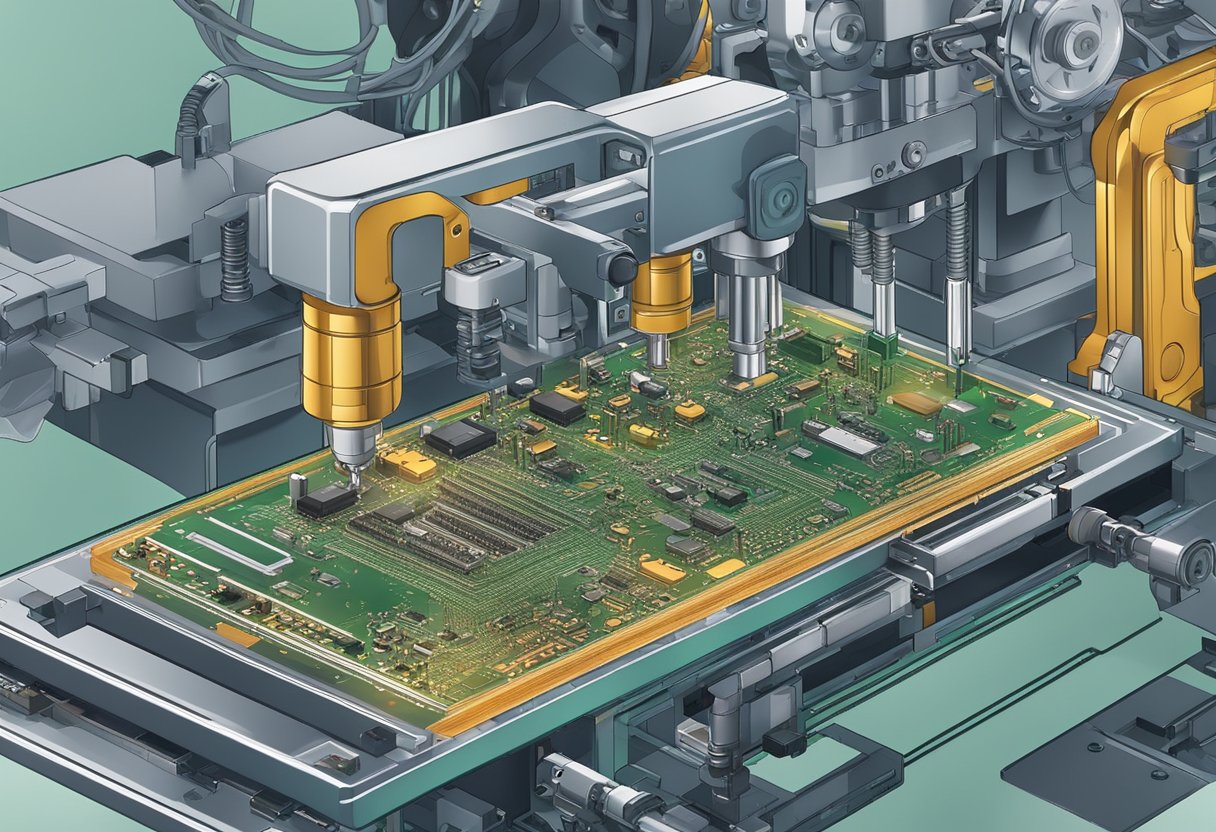PCB components being assembled onto a circuit board by automated machinery