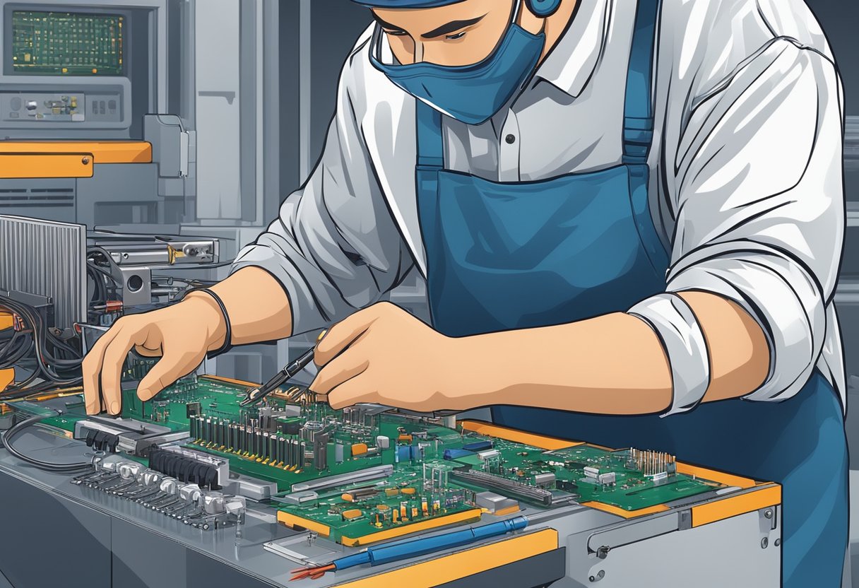 A technician assembles PCB components with precision tools and machinery