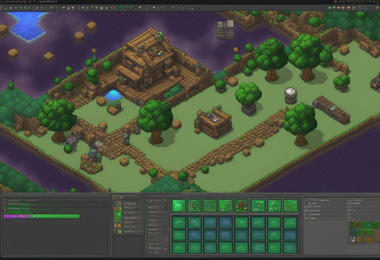 The computer screen displays the Terraria game with a RAM allocation menu open. A slider is moved to increase the RAM allocation, while a tutorial guide sits open on the desk