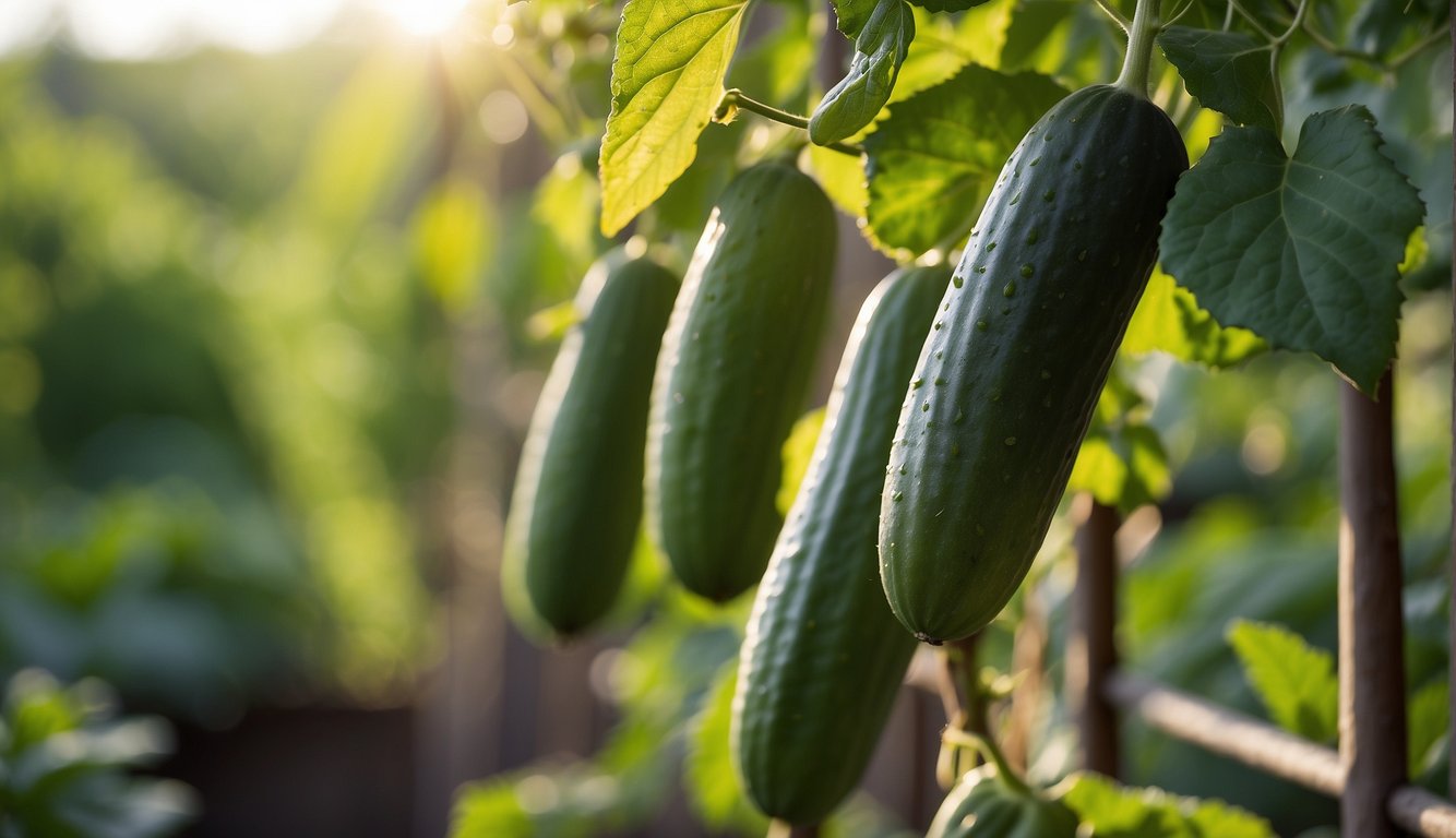 Cucumbers climbing a trellis, reaching for sunlight and growing vertically, while the trellis supports the plants and keeps the fruits off the ground