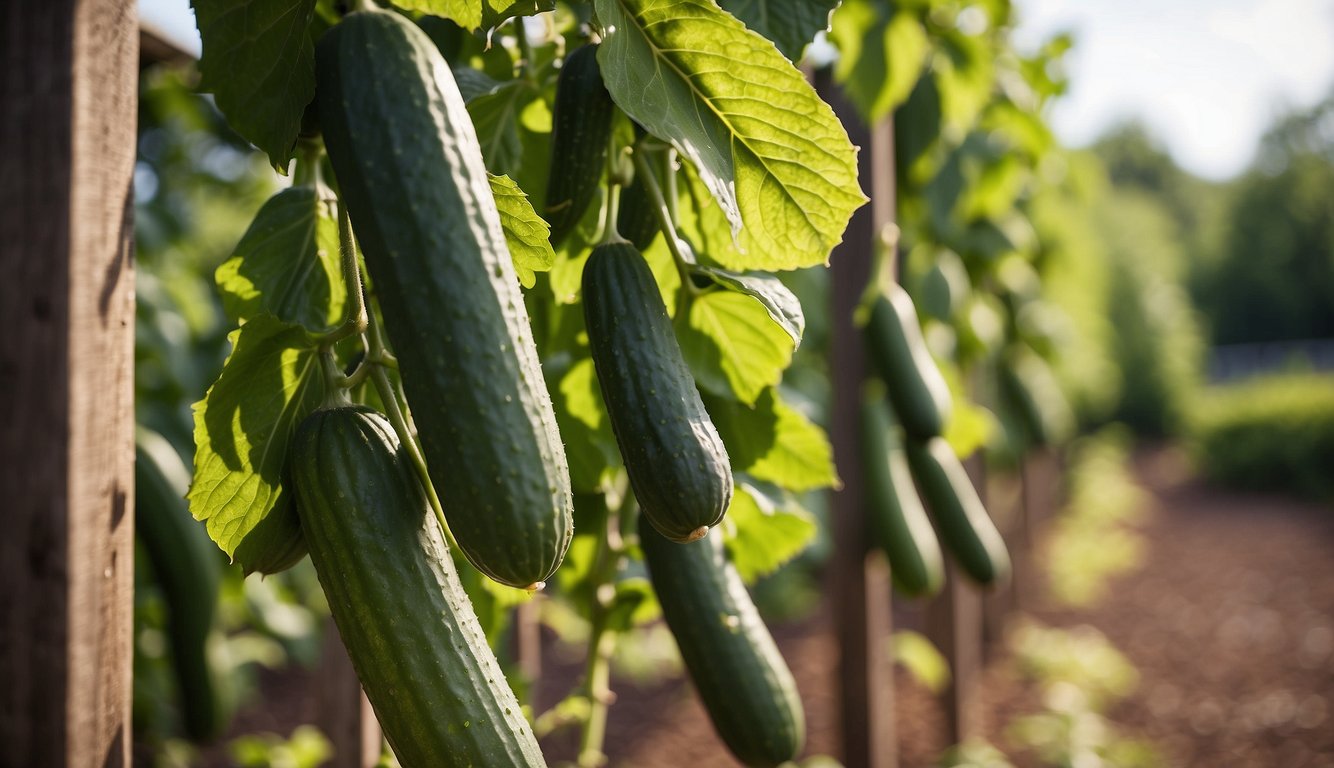Cucumbers climbing trellis in a lush garden, with a variety of trellis options displayed nearby