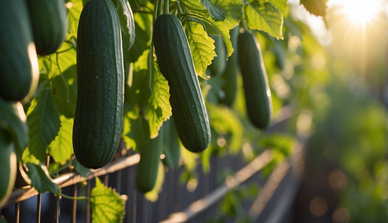 Cucumbers growing on a sturdy trellis, with vines winding upwards and healthy green leaves reaching towards the sun