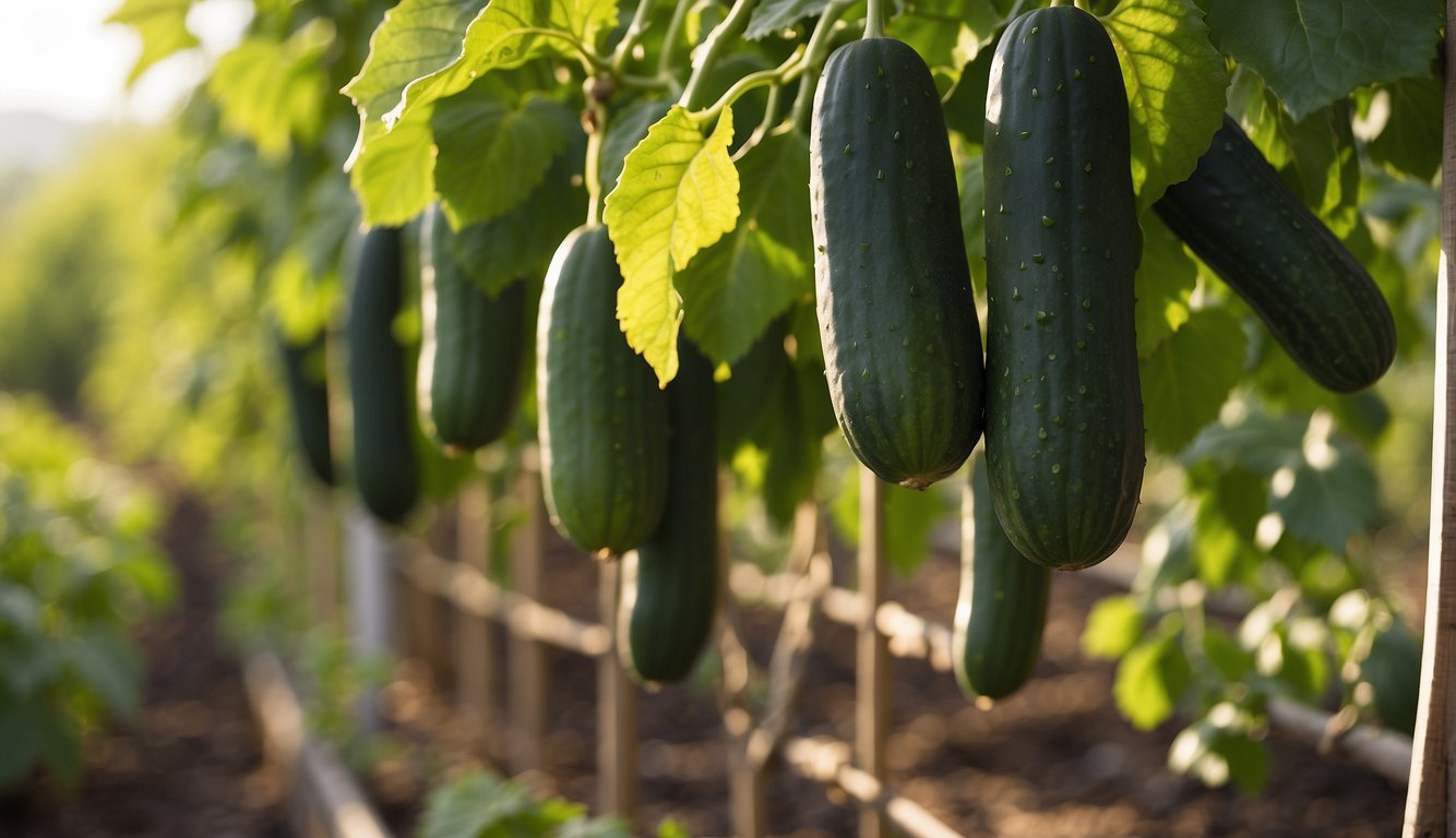 Cucumbers being picked from a trellis, with baskets nearby. Trellis supports the growing vines. Sunlight filters through the leaves