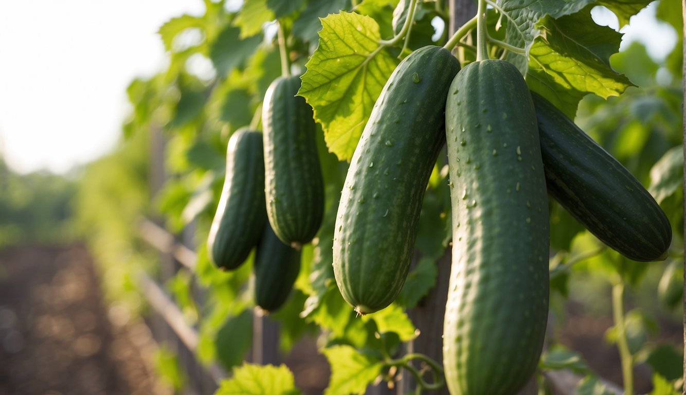 Cucumbers climb a sturdy trellis, reaching for sunlight. Vines twist and curl, laden with plump fruits. The trellis is well-anchored, providing ample support for the growing plants