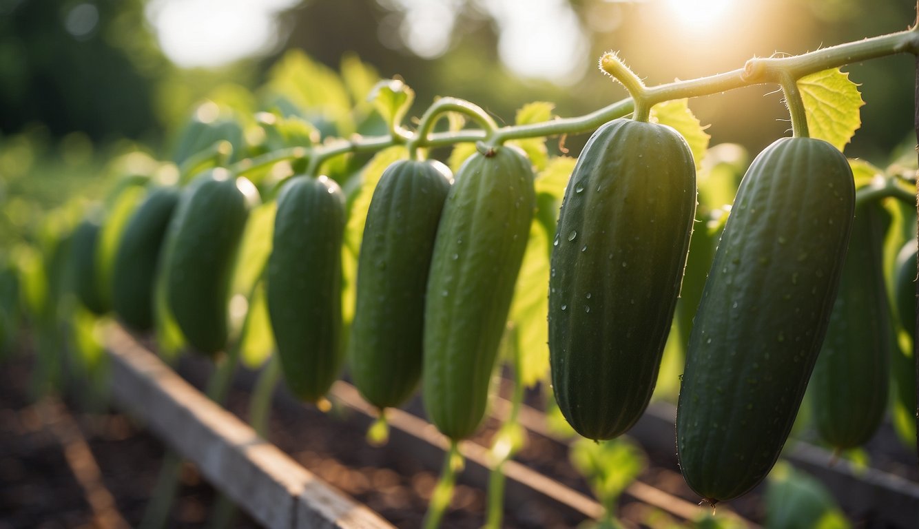 Cucumbers growing on a sturdy trellis, reaching towards the sun in a garden