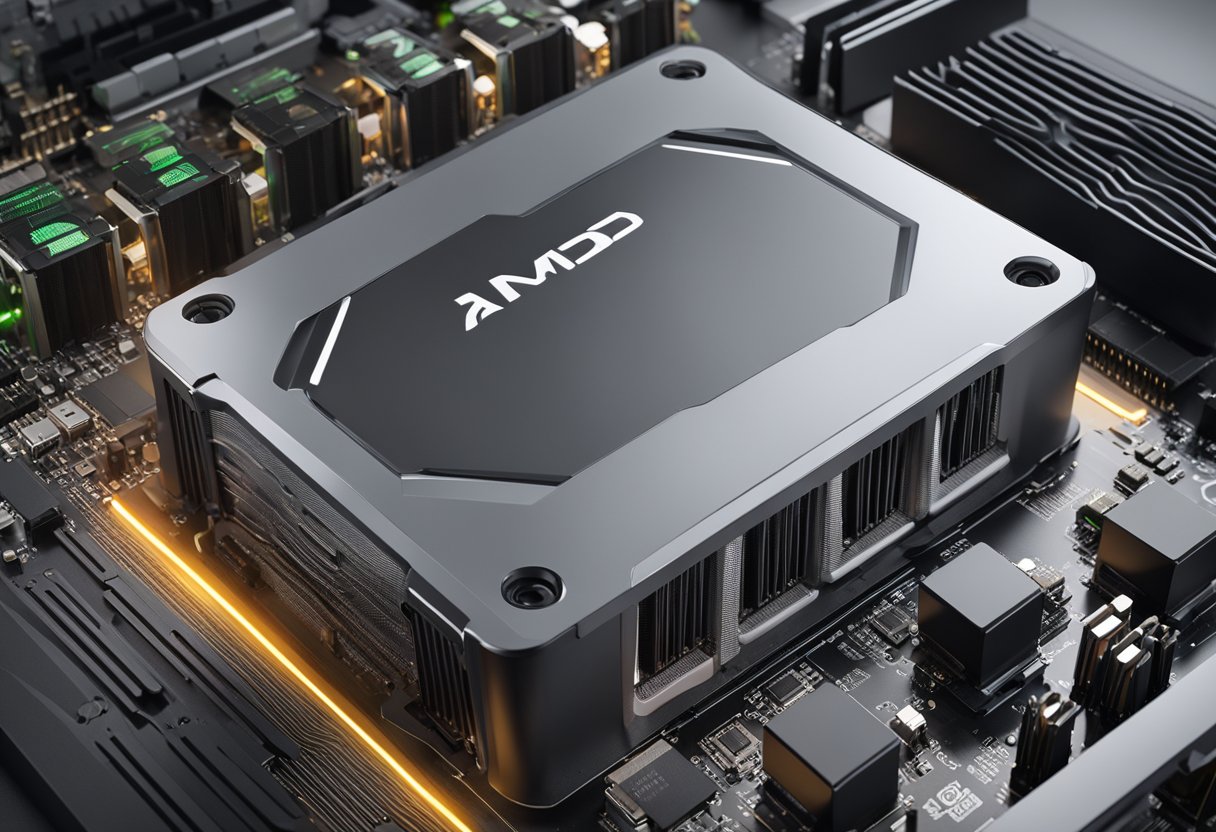 An AMD CPU and Nvidia GPU sit side by side on a motherboard, connected with compatible cables. The components are surrounded by a modern, sleek computer case