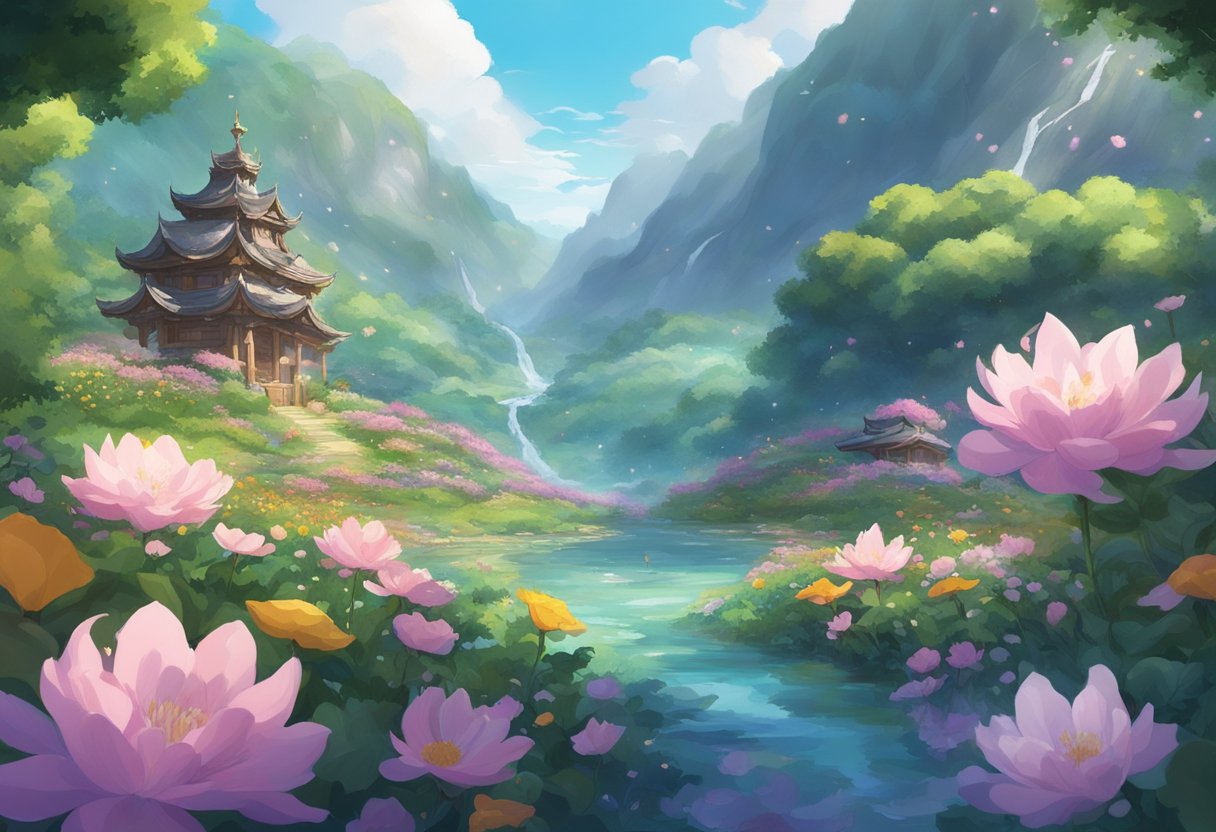 A floating Anemoculus surrounded by swirling wind, nestled among vibrant flowers and lush greenery in the Mondstadt region of Genshin Impact