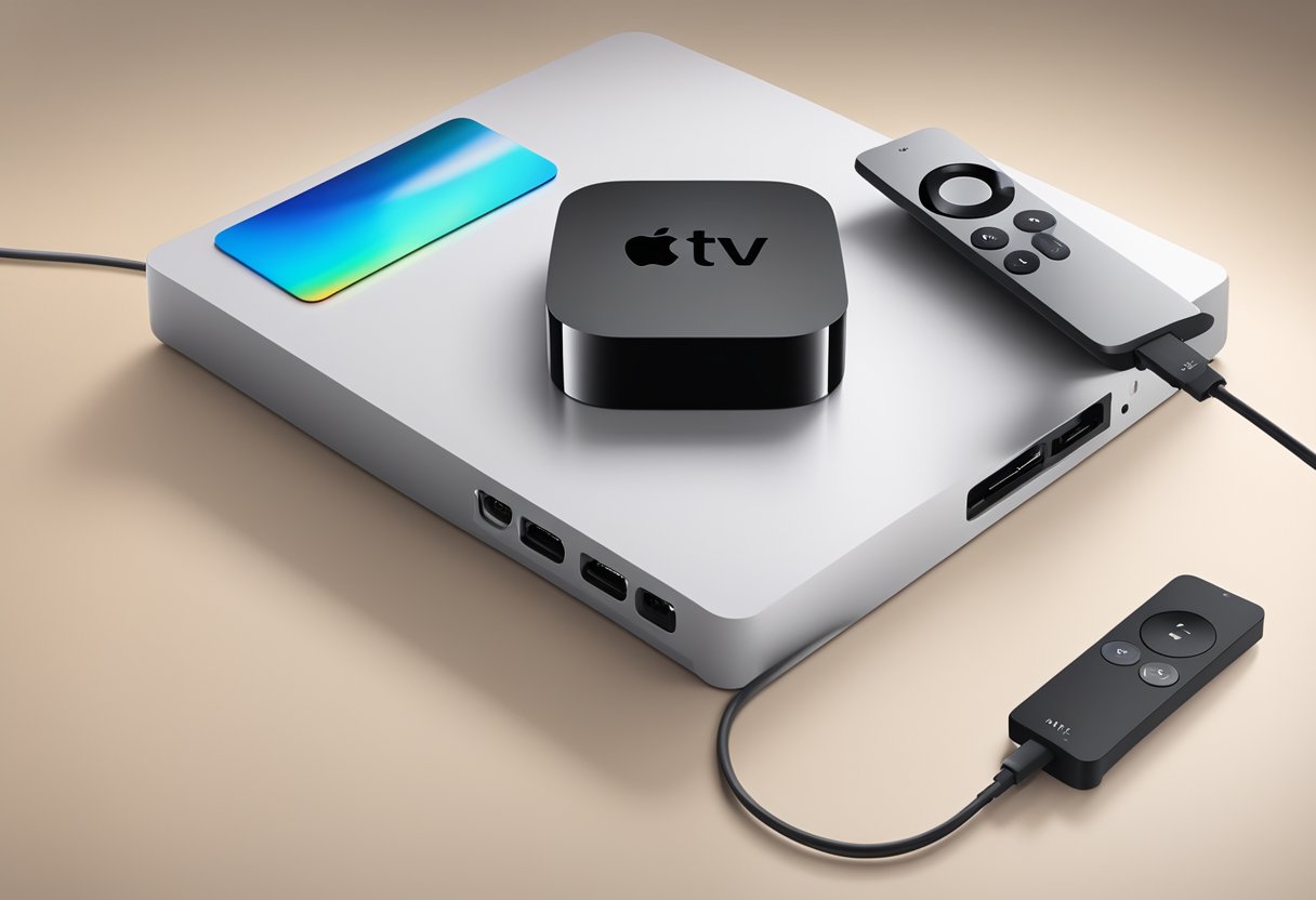 An Apple TV device is unplugged and being checked for connectivity issues with a Wi-Fi router