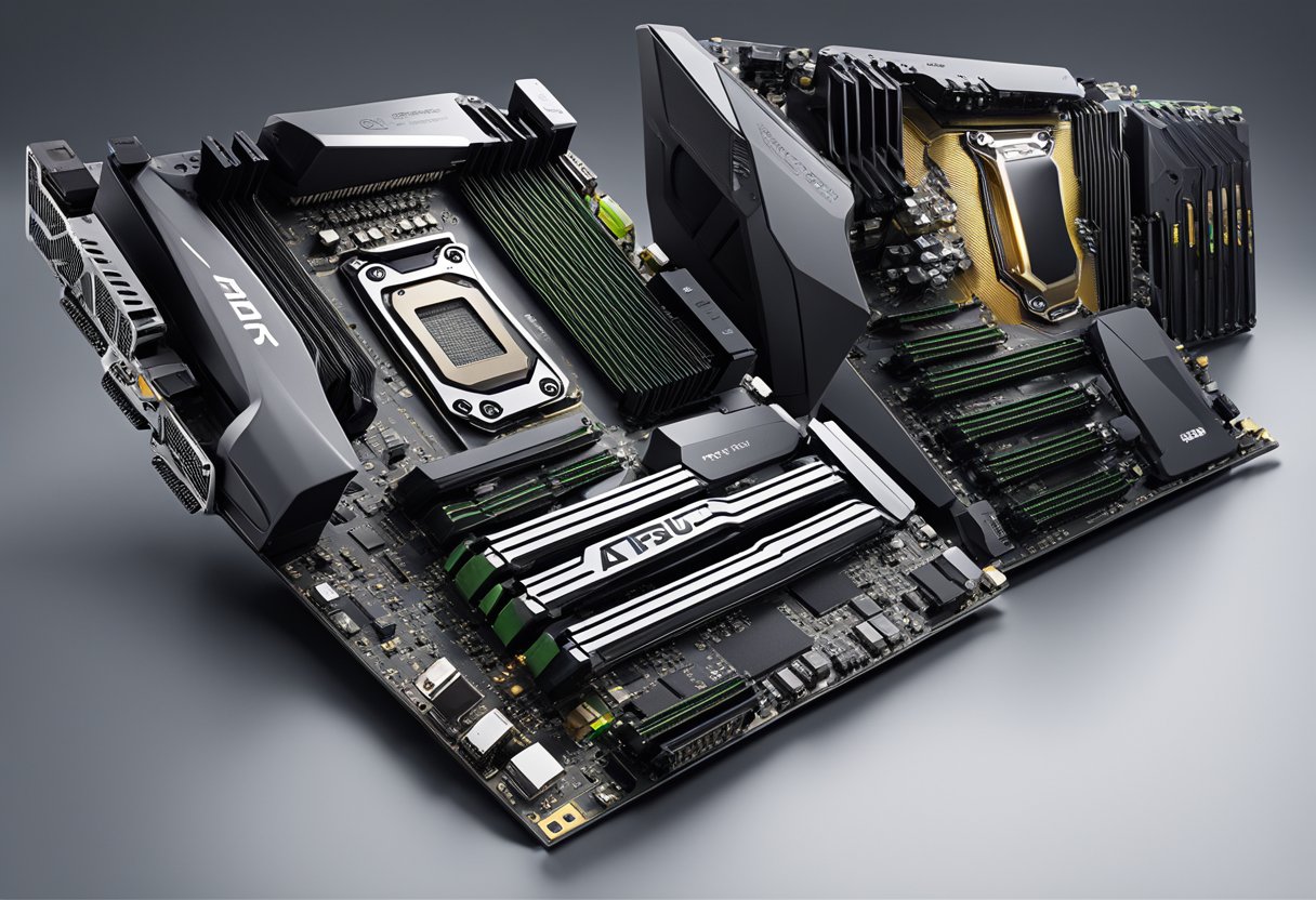 A CPU and APU stand side by side, each with distinct features. The CPU is focused on processing tasks, while the APU integrates CPU and GPU capabilities for enhanced performance