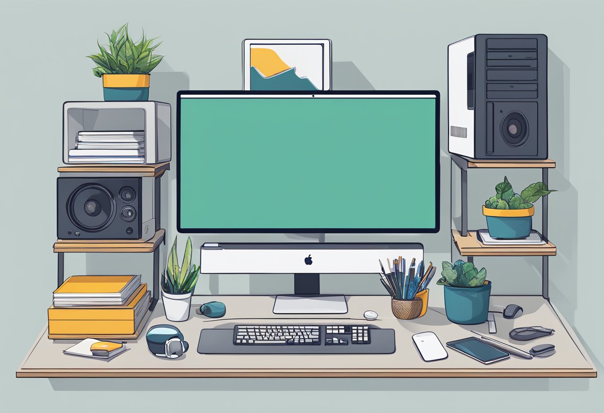 A desk with multiple 32-inch monitors displaying different applications, such as gaming, design, and office work