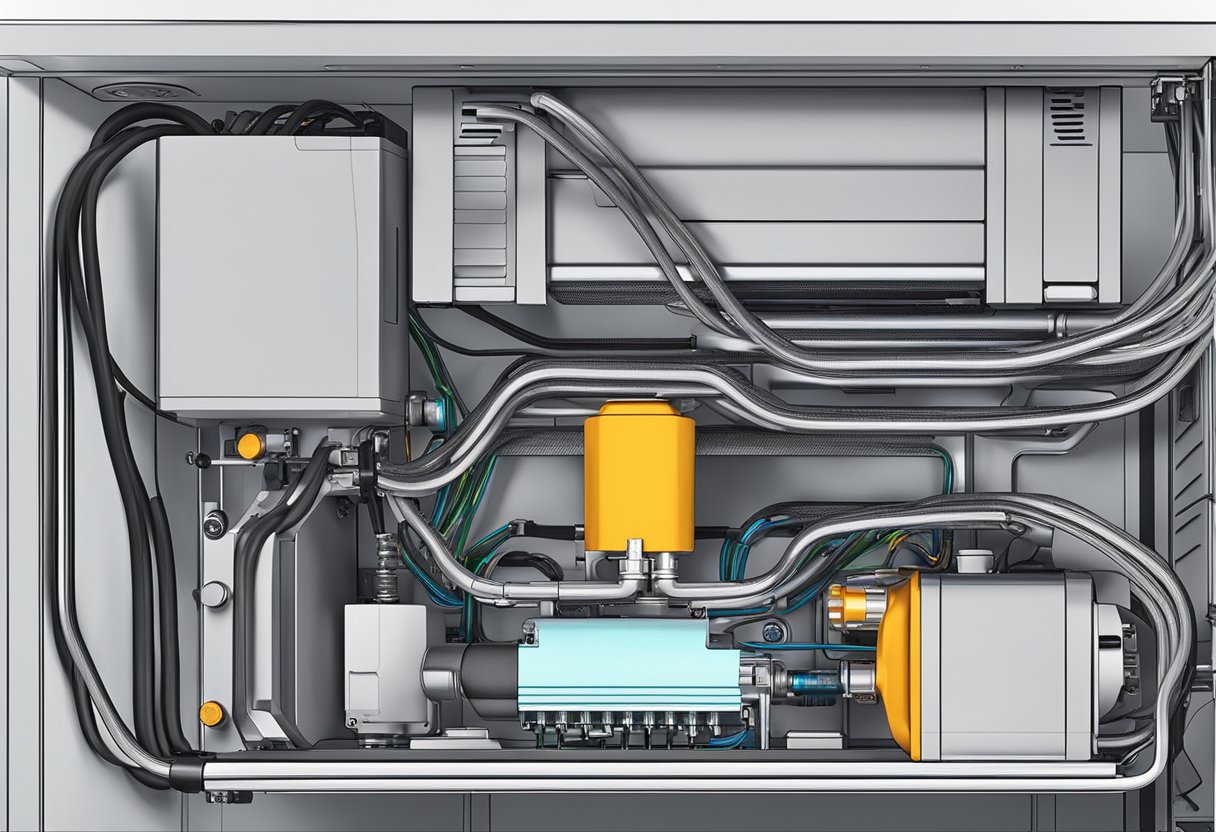 An AIO water cooler is installed on a GPU, with tubes connecting to a radiator and a pump unit, providing efficient cooling for the graphics card