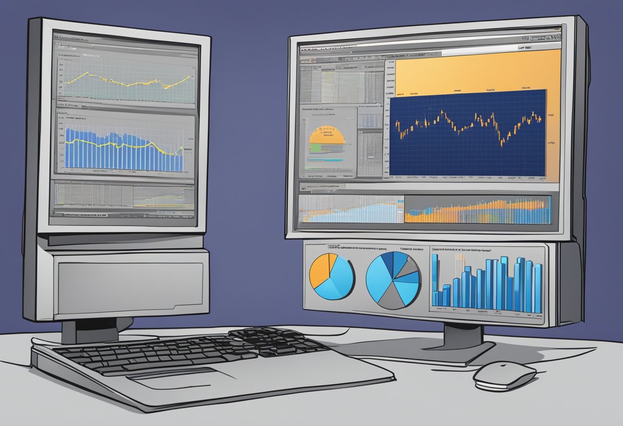 Two computer processors sit side by side, with data charts and graphs displayed on a screen behind them. A label reads "Comparative Performance Analysis: AMD vs Intel."