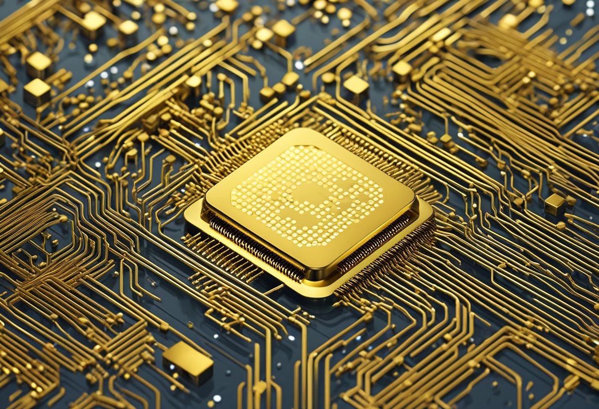 A close-up of CPU pins, arranged in a grid pattern, with gold plating and varying lengths