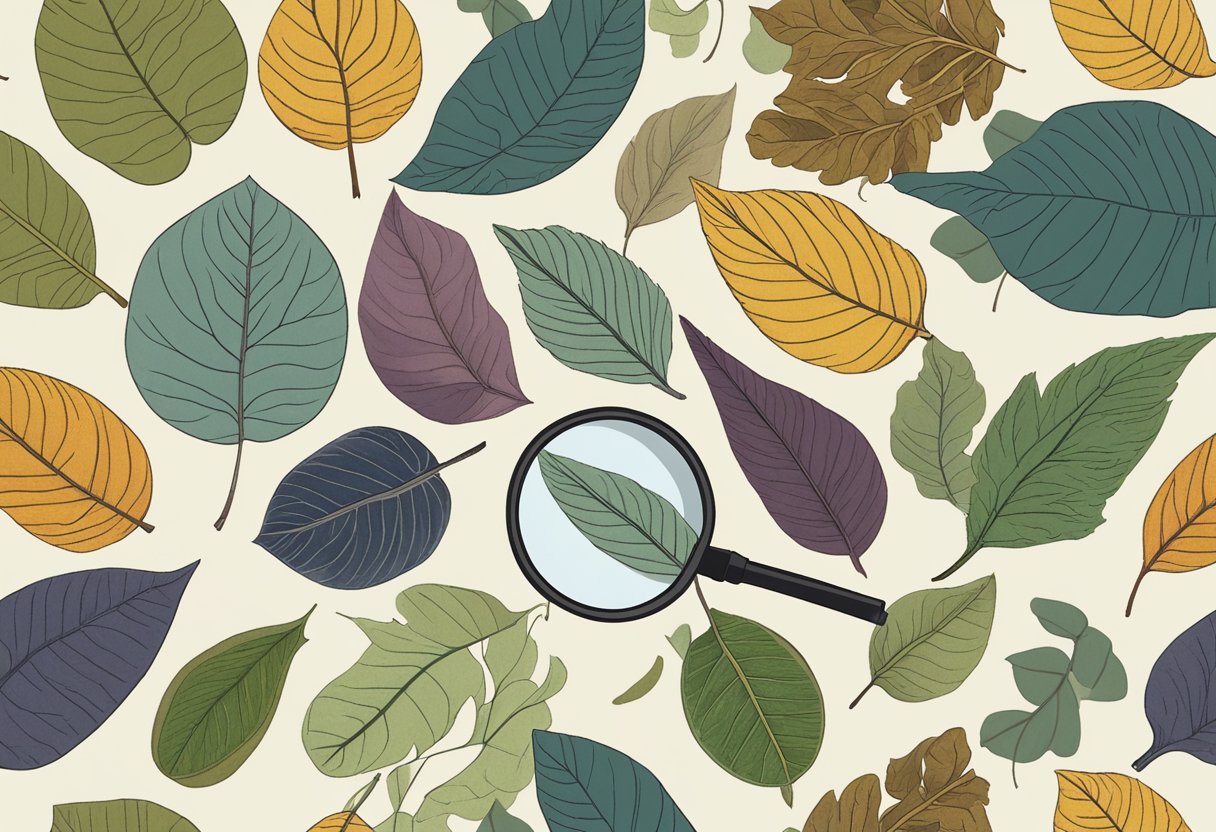 Leaves arranged on a table. A hand-held magnifying glass hovers over them, examining the various leaf margins