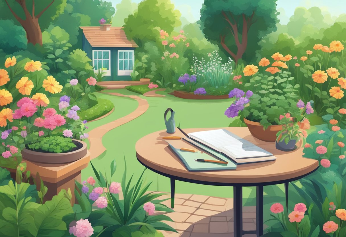 Lush green garden with blooming flowers, winding pathways, and a variety of plants. A small table with gardening tools and a notebook sits in the center