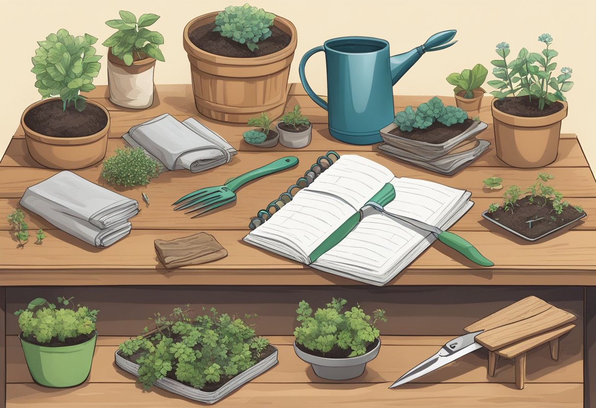 A table with gardening tools, seed packets, and a notebook. A hand reaches for a trowel. Pots and soil bags are stacked nearby