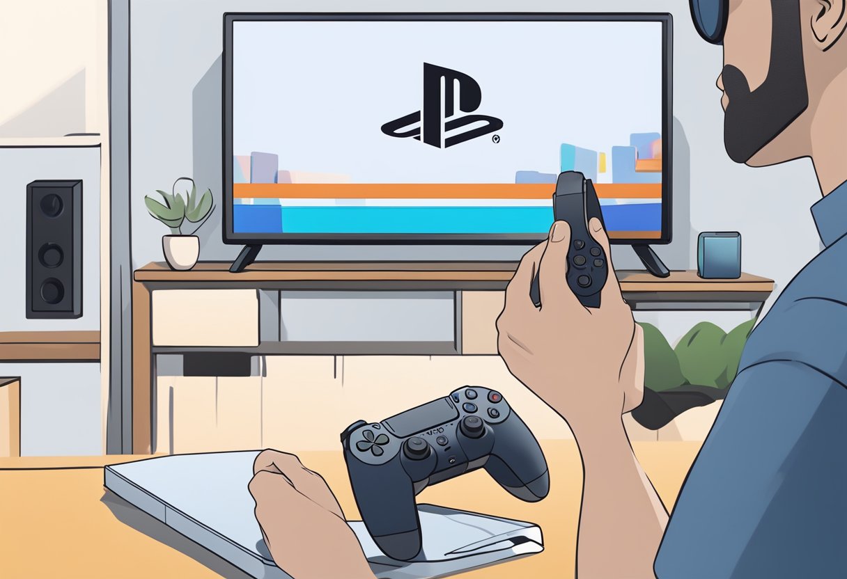PS5 placed near TV, controller in hand. Bluetooth headphones nearby. On-screen instructions for connecting headphones to PS5
