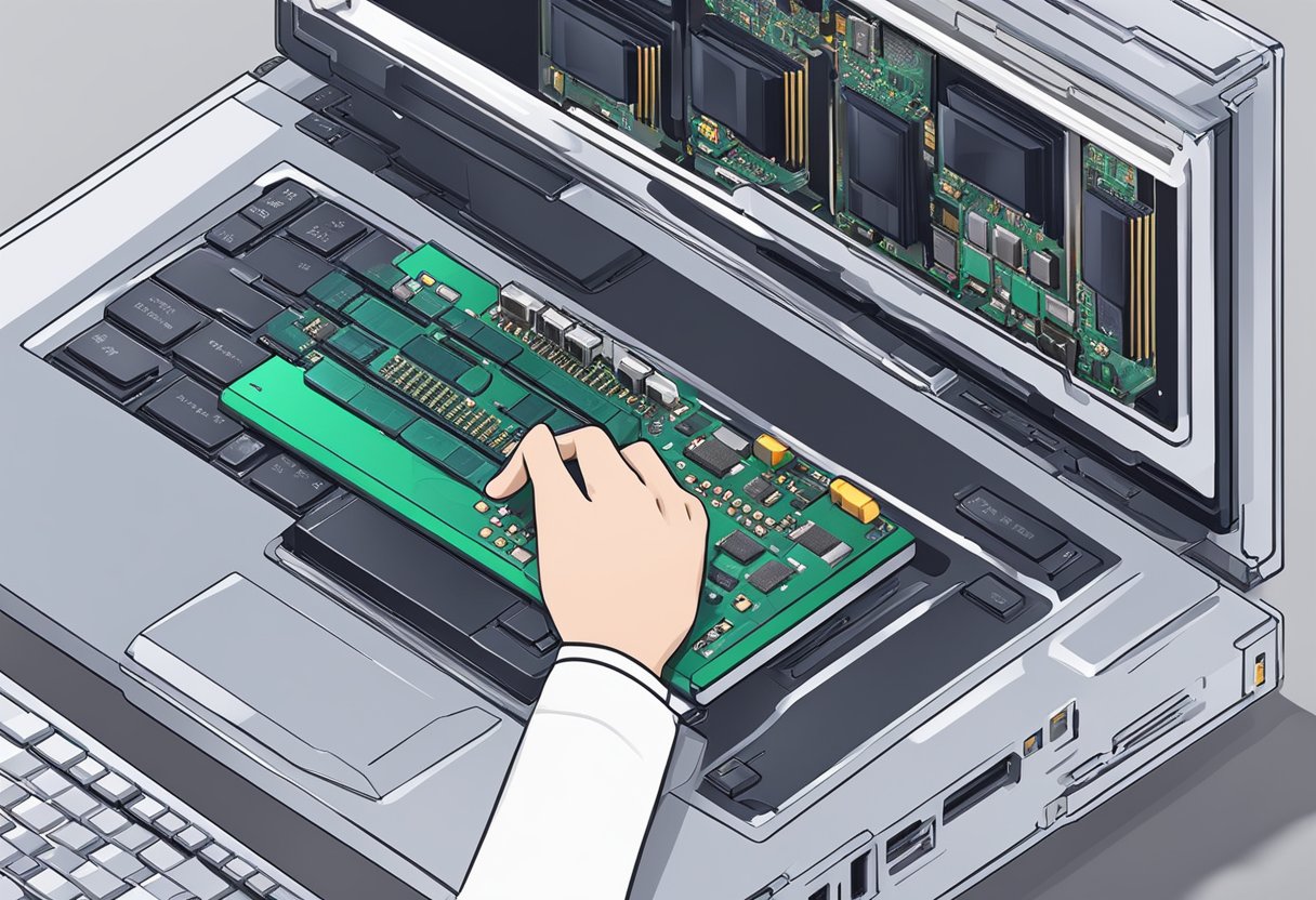 A hand connects a CPU to a laptop with compatible ports