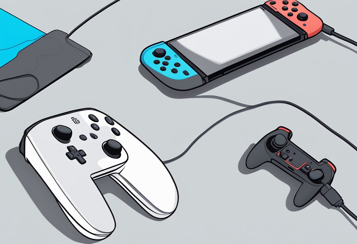 A PS5 controller and Nintendo Switch sit side by side, with a cable connecting the two devices. The PS5 controller is being paired with the Nintendo Switch for seamless gaming