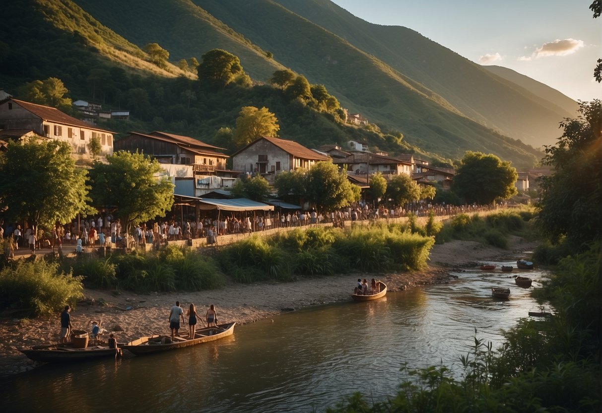 Lush mountains surround a serene river, with locals fishing and children playing. A small market bustles with activity, as the sun sets behind the peaceful town of Pudtol