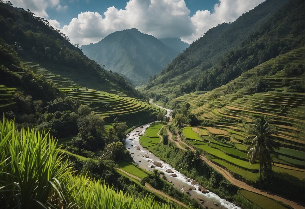 A serene river flows through lush green mountains in Pudtol. A small town nestled in the valley, surrounded by rice fields and coconut trees