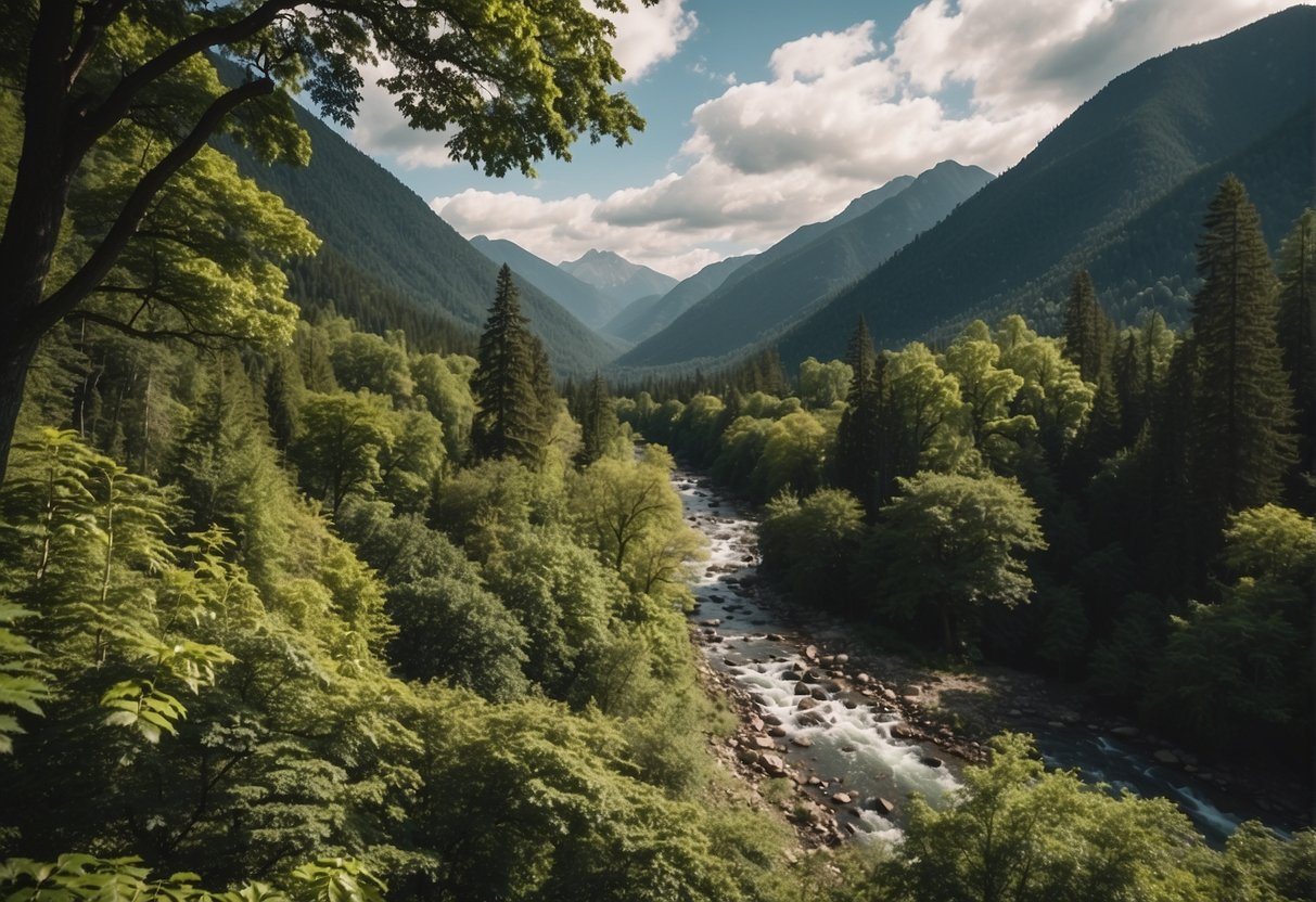 A lush forest with winding trails, a flowing river, and towering mountains in the distance. Canopies of trees provide shade for hikers and wildlife can be spotted among the foliage