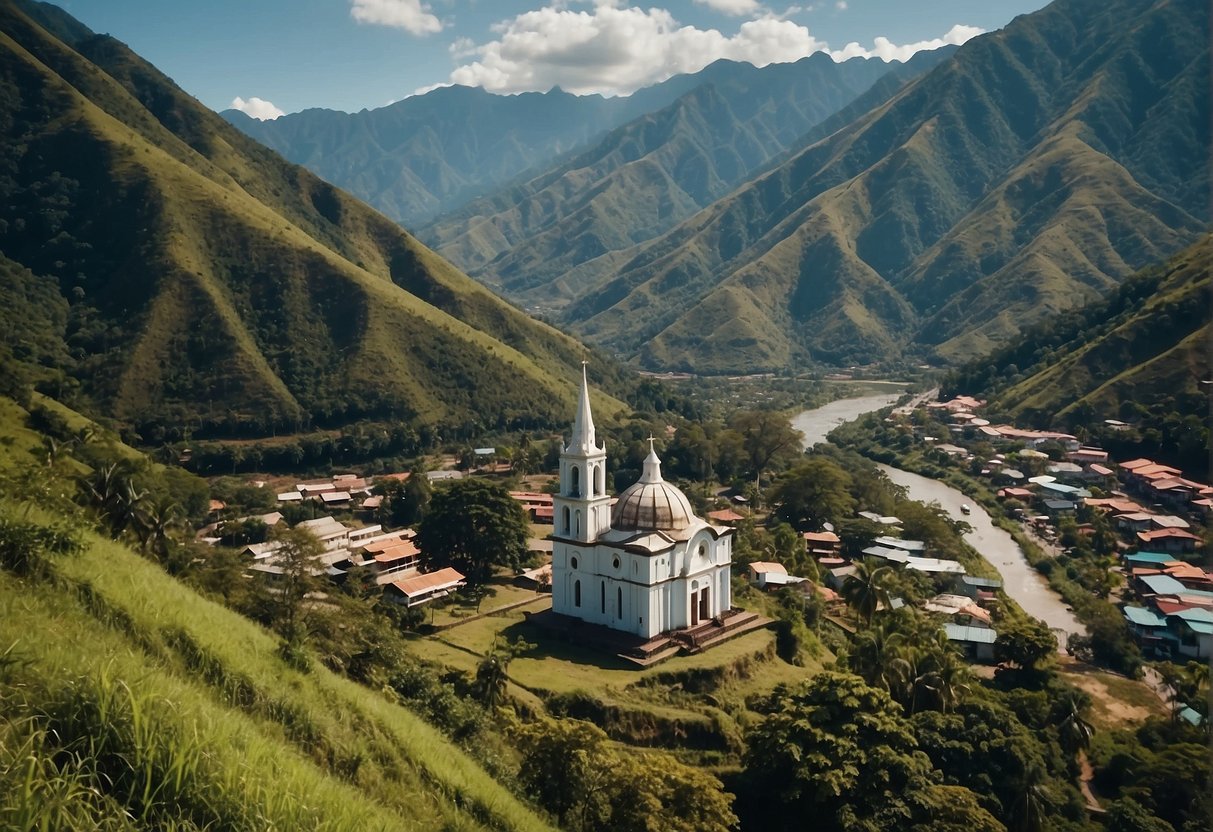 The towering Pudtol Church stands against a backdrop of lush mountains, while nearby, the scenic Apayao River winds its way through the town