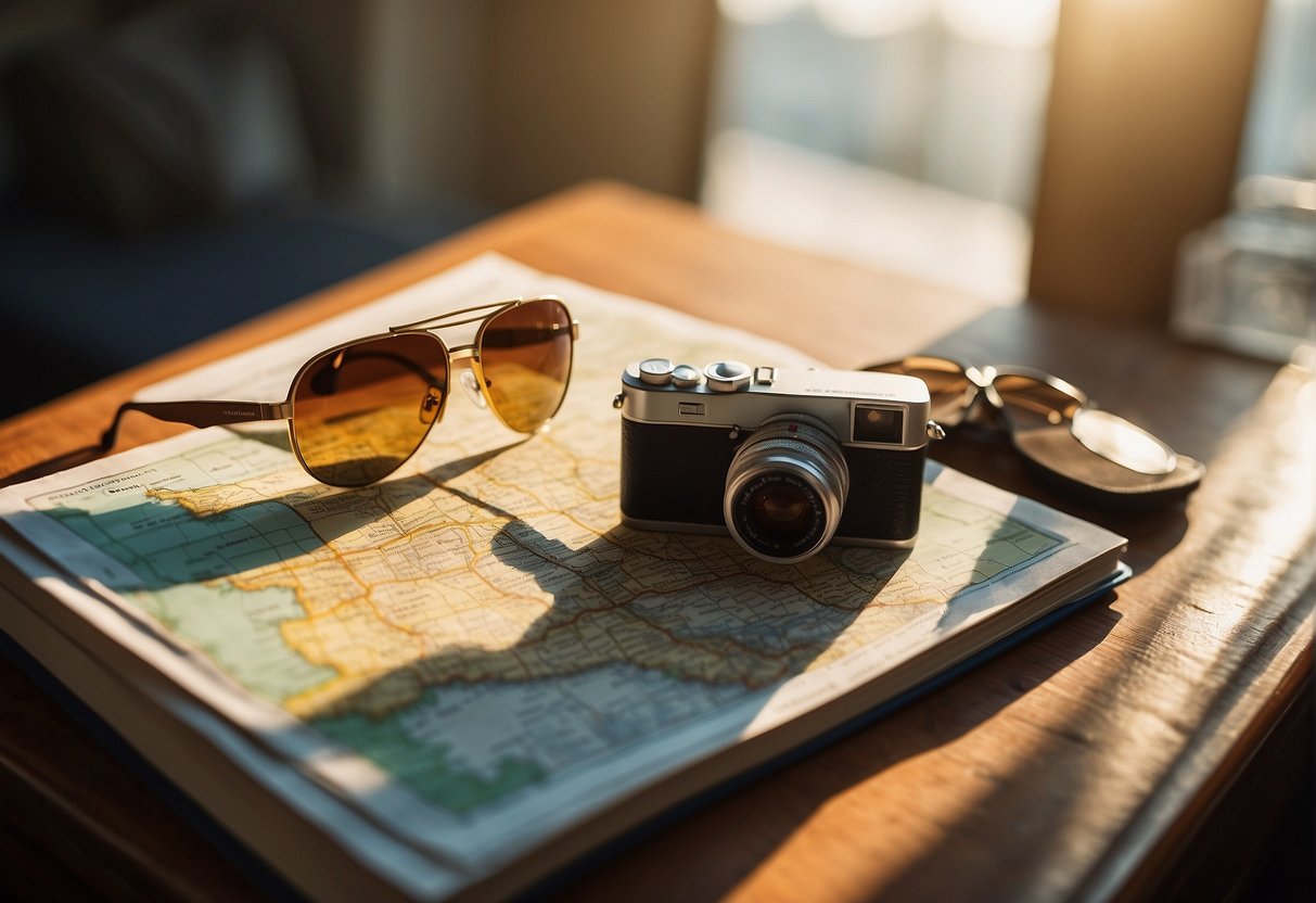 A map, sunglasses, sunscreen, and a camera lay on a table next to a guidebook and a passport. The sun shines through a window, casting a warm glow on the travel essentials