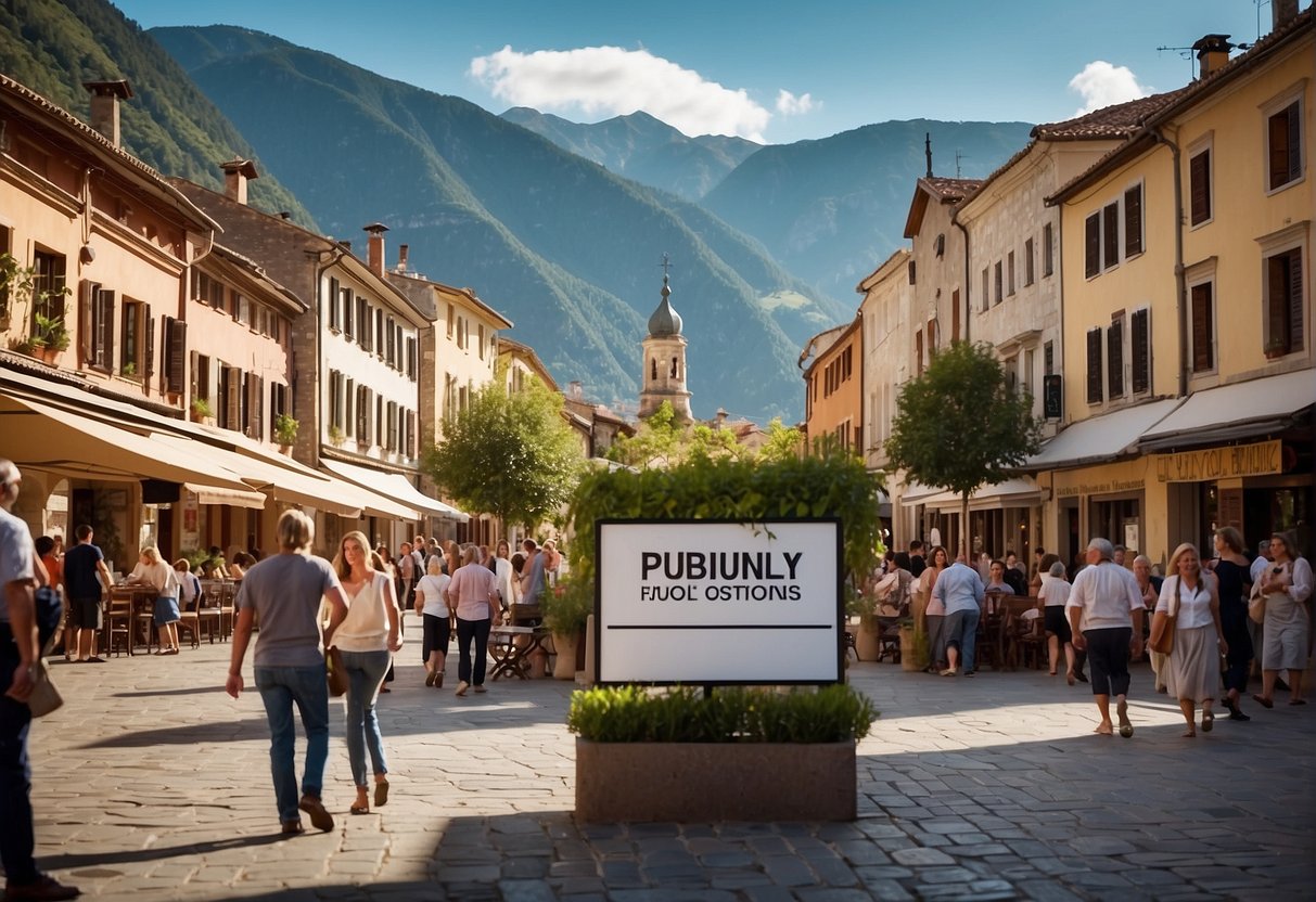 A bustling town square in Pudtol, with locals and tourists gathered around a colorful information board labeled "Frequently Asked Questions: What to do in Pudtol." Surrounding buildings and mountains in the background