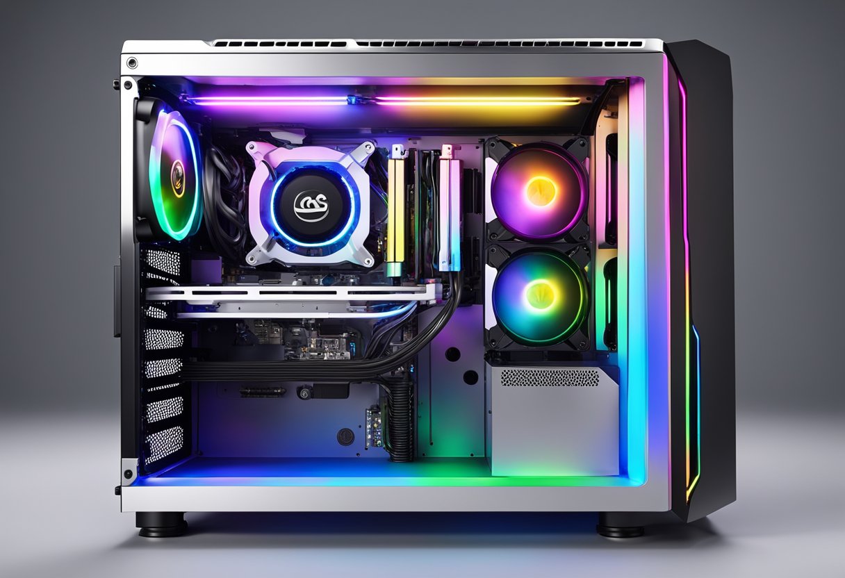 A sleek, modern PC cooling system sits atop a desk, with vibrant RGB lighting and a transparent pump cover showcasing the intricate internal components