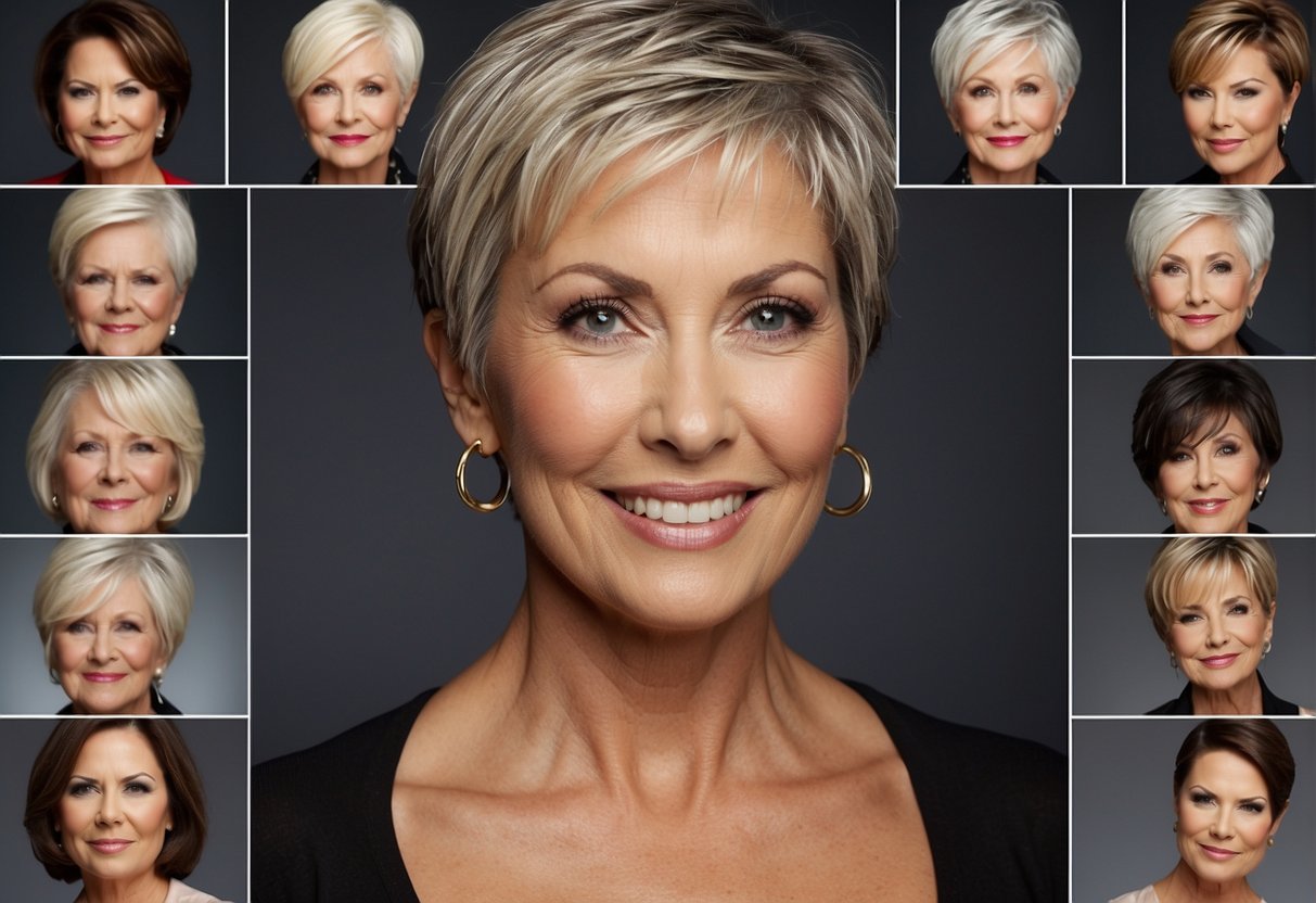A woman with thin hair over 60 chooses from various short hairstyles, considering her hair characteristics