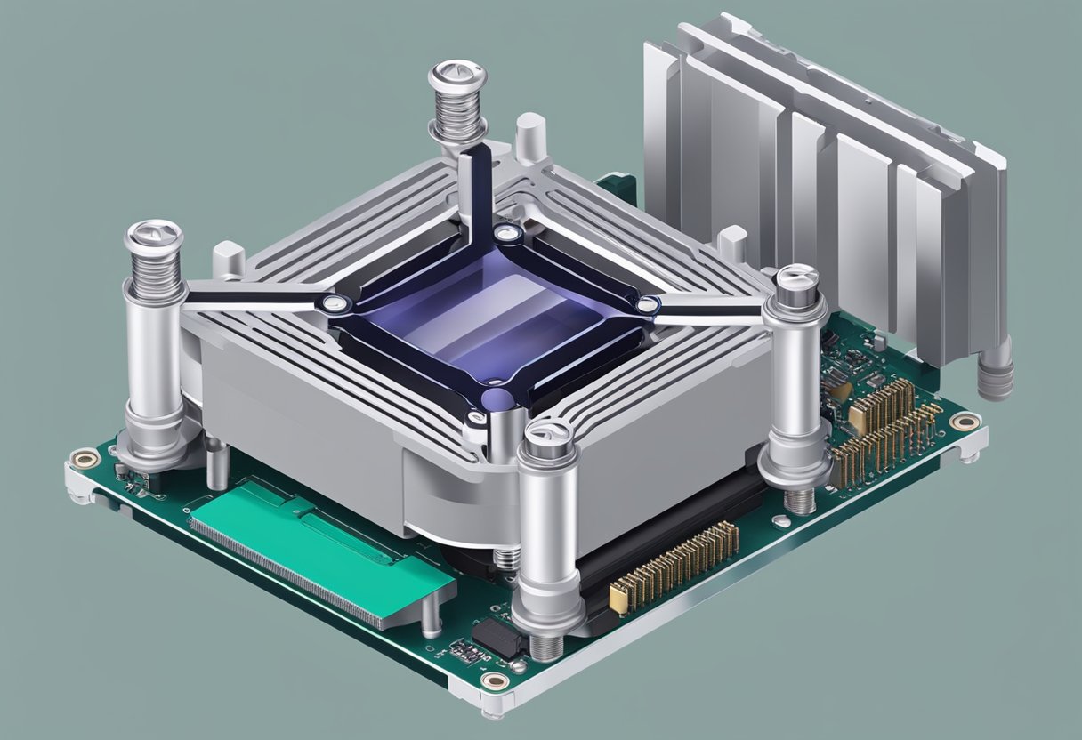 A CPU cooler sits atop a motherboard, with screws securing it in place. The backplate is visible underneath, providing support for the cooler