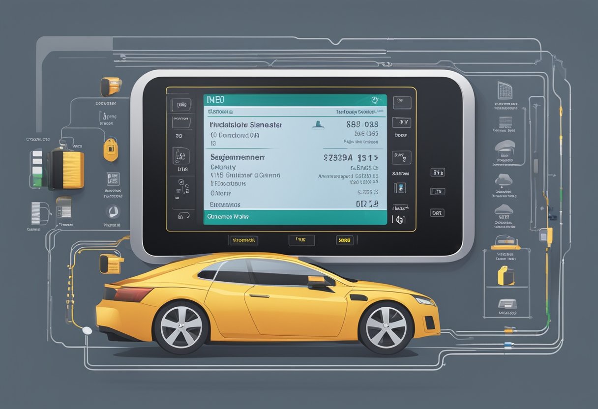 An OBD scanner connects to a car's onboard computer, displaying diagnostic information on a handheld device