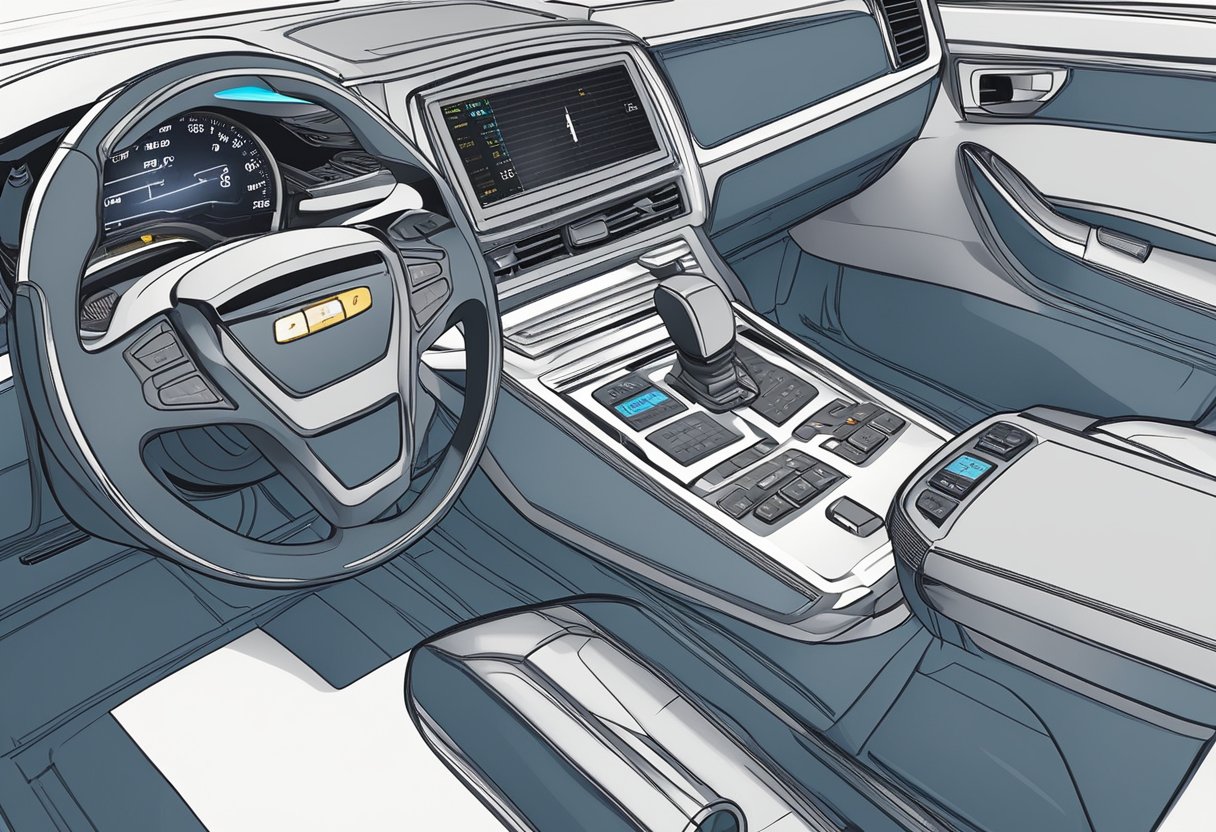 An OBD2 scanner connects to a car's diagnostic port. It displays data on a screen and communicates with software for analysis