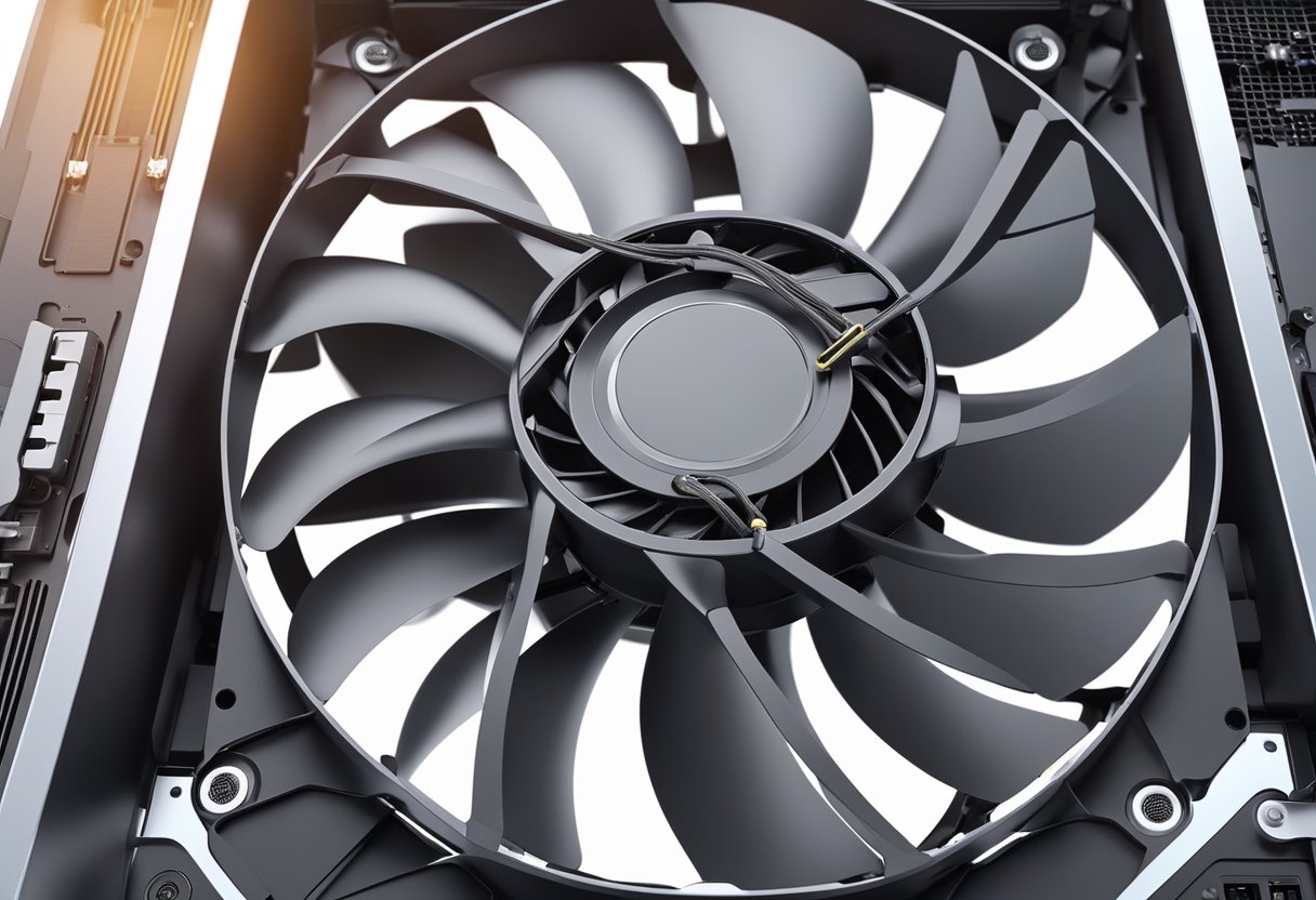 A CPU fan and a chassis fan are placed side by side, with the CPU fan positioned on top of the CPU and the chassis fan attached to the side panel of the computer case