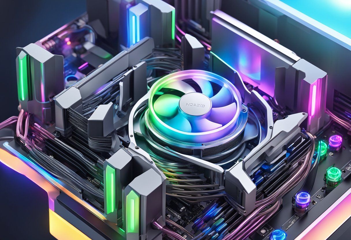 A CPU liquid cooler sits mounted on a motherboard, with tubes connecting to a radiator and a pump. The cooler is adorned with LED lights and a sleek, modern design